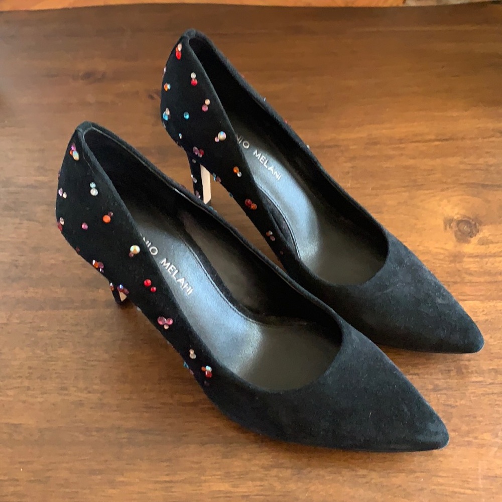 Black suede heels with gems